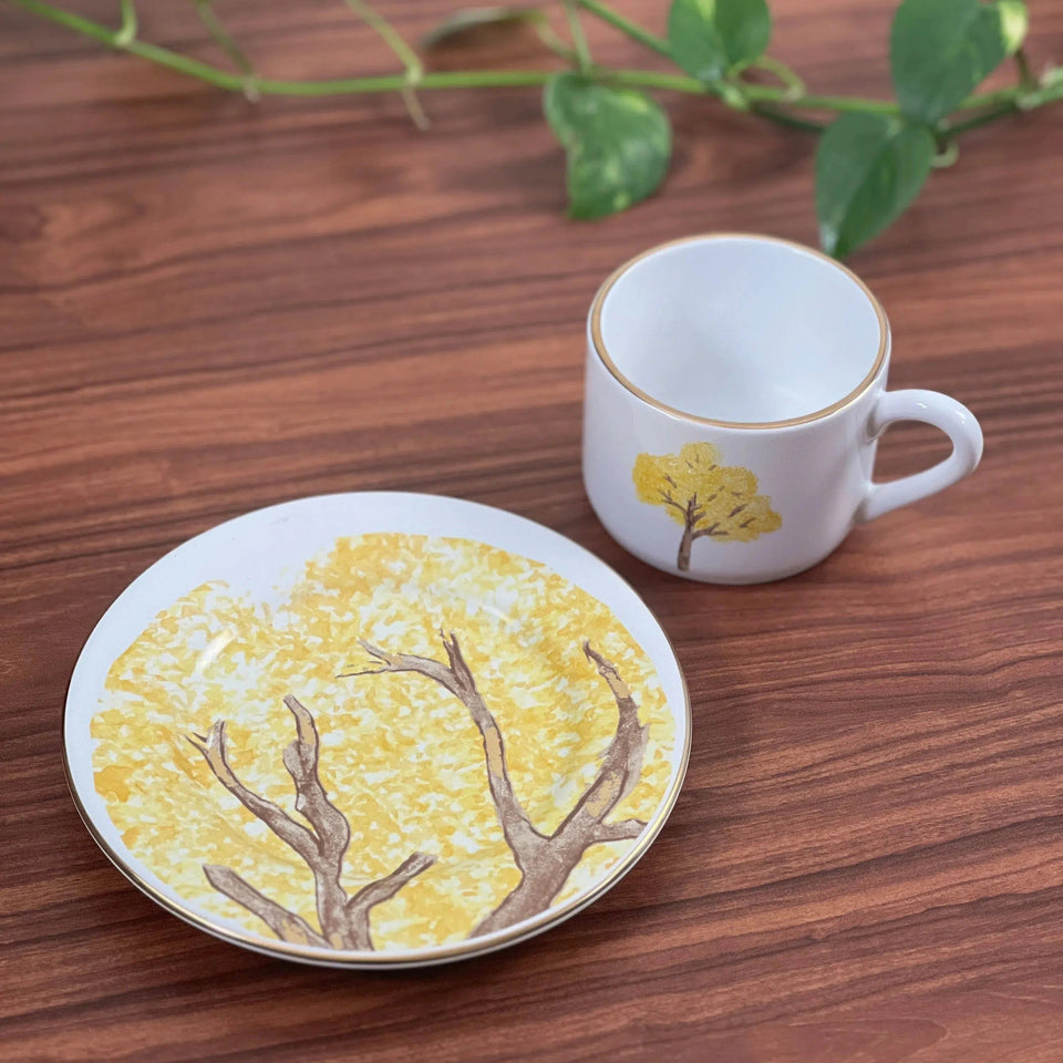 PRÉ-VENDA: Jogo 6 Xícaras de Chá com Pires Cerâmica Ypê Amarelo com Filete de Ouro 200ml Scalla