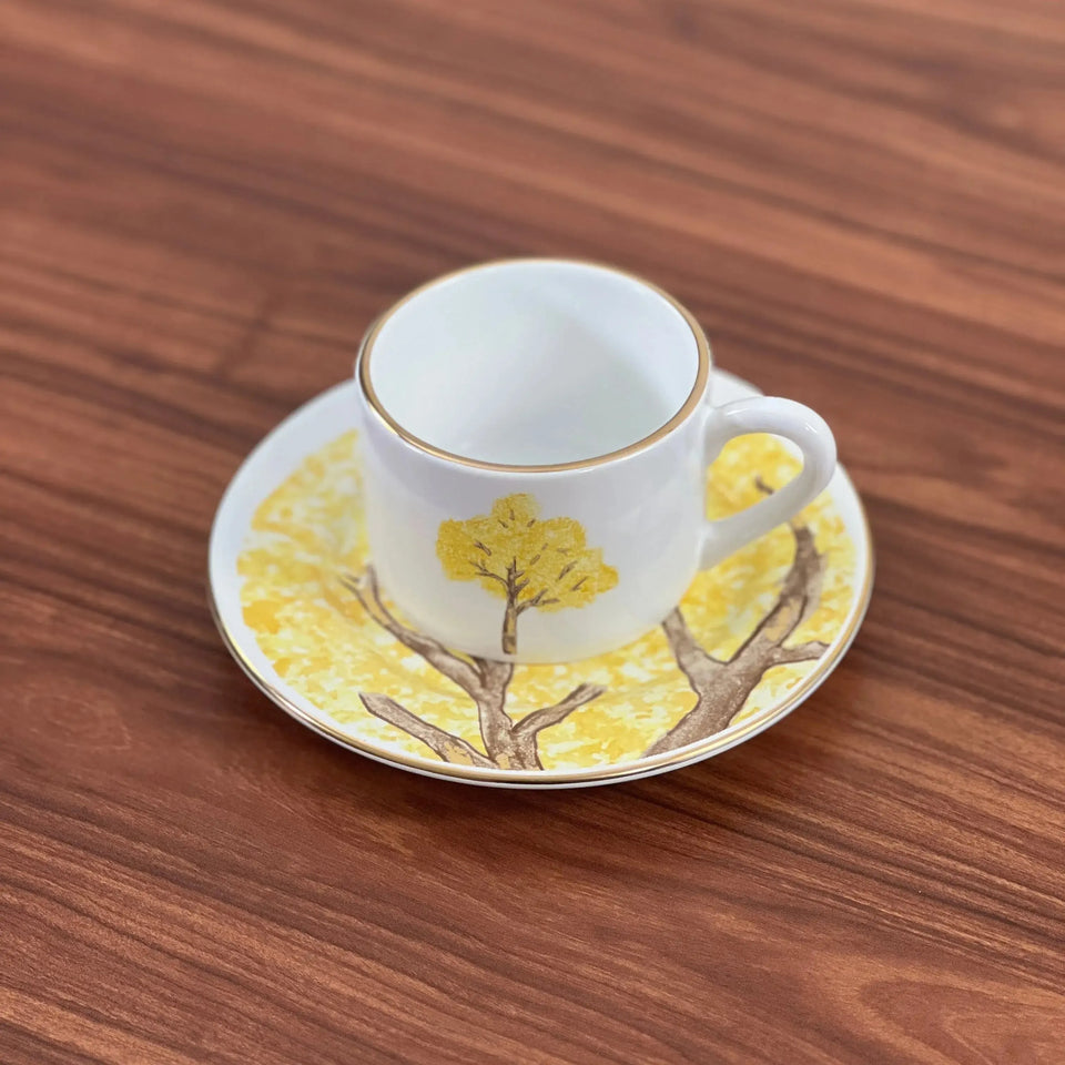 PRÉ-VENDA: Jogo 6 Xícaras de Chá com Pires Cerâmica Ypê Amarelo com Filete de Ouro 200ml Scalla