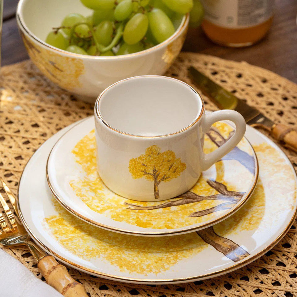 PRÉ-VENDA: Jogo 6 Xícaras de Chá com Pires Cerâmica Ypê Amarelo com Filete de Ouro 200ml Scalla