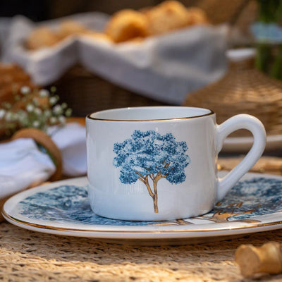 PRÉ-VENDA: Jogo 6 Xícaras de Chá com Pires Cerâmica Ypê Azul com Filete de Ouro 200ml Scalla