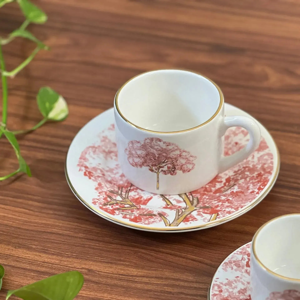 PRÉ-VENDA: Jogo 6 Xícaras de Chá com Pires Cerâmica Ypê Colorido com Filete de Ouro 200ml Scalla