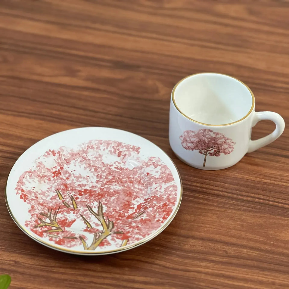 PRÉ-VENDA: Jogo 6 Xícaras de Chá com Pires Cerâmica Ypê Colorido com Filete de Ouro 200ml Scalla