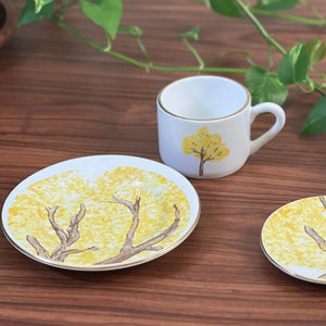 PRÉ-VENDA: Jogo 6 Xícaras de Chá com Pires Cerâmica Ypê Colorido com Filete de Ouro 200ml Scalla