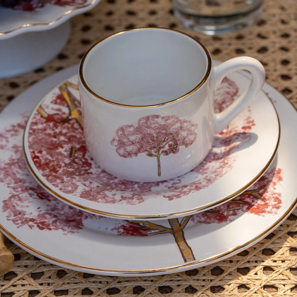 PRÉ-VENDA: Jogo 6 Xícaras de Chá com Pires Cerâmica Ypê Rosa com Filete de Ouro 200ml Scalla