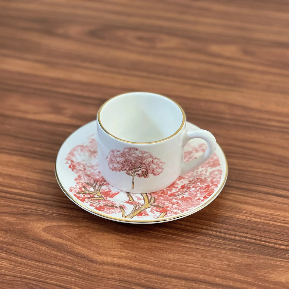 PRÉ-VENDA: Jogo 6 Xícaras de Chá com Pires Cerâmica Ypê Rosa com Filete de Ouro 200ml Scalla