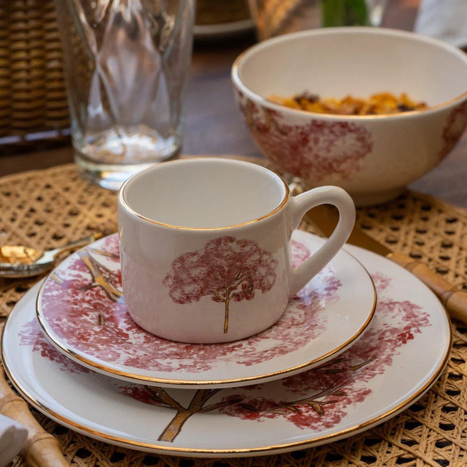 PRÉ-VENDA: Jogo 6 Xícaras de Chá com Pires Cerâmica Ypê Rosa com Filete de Ouro 200ml Scalla