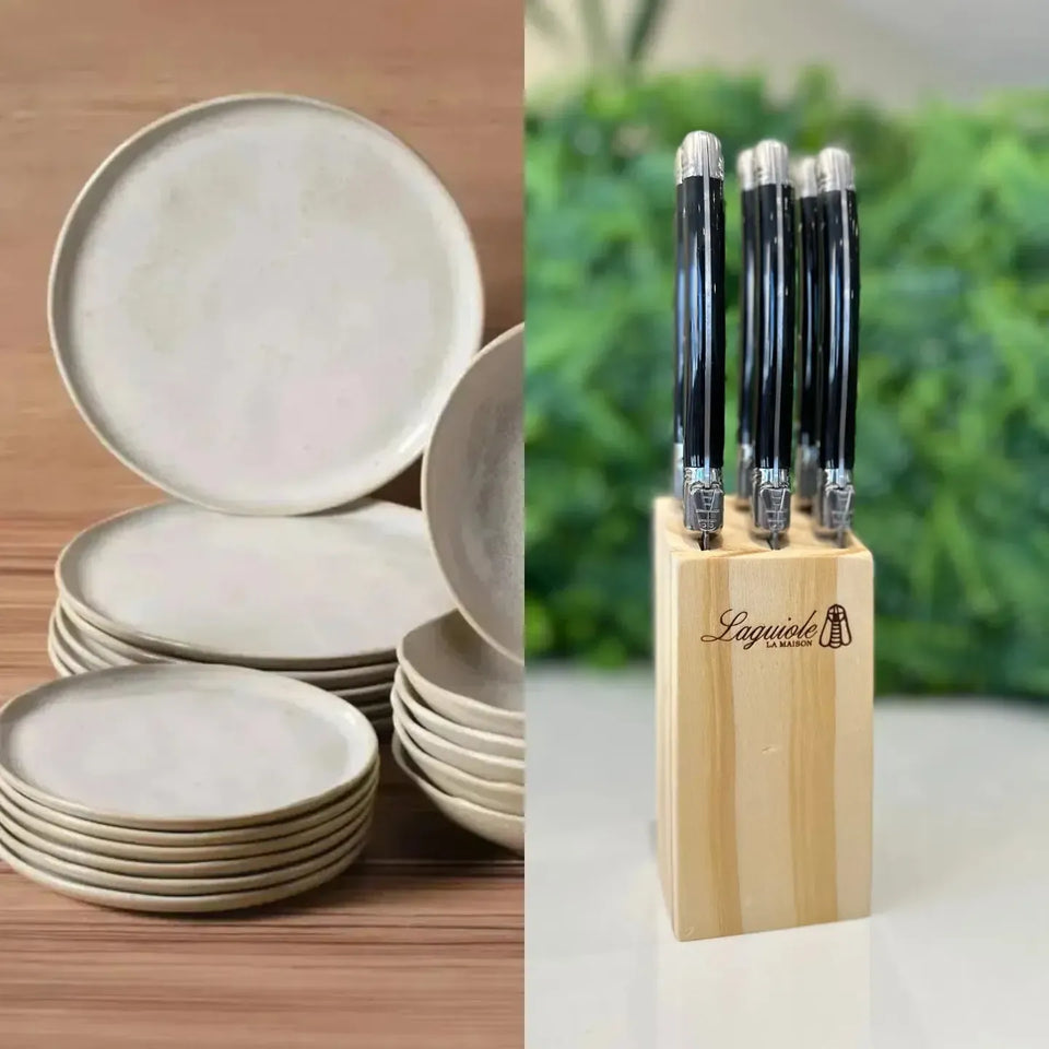 PRÉ-VENDA: Kit Aparelho de Jantar Stoneware Bio Latte 30 Peças Porto Brasil + Faqueiro Laguiole La Maison Luxo Preto 30 Peças