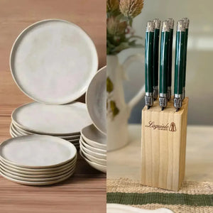 PRÉ-VENDA: Kit Aparelho de Jantar Stoneware Bio Latte 30 Peças Porto Brasil + Faqueiro Laguiole La Maison Luxo Verde 30 Peças
