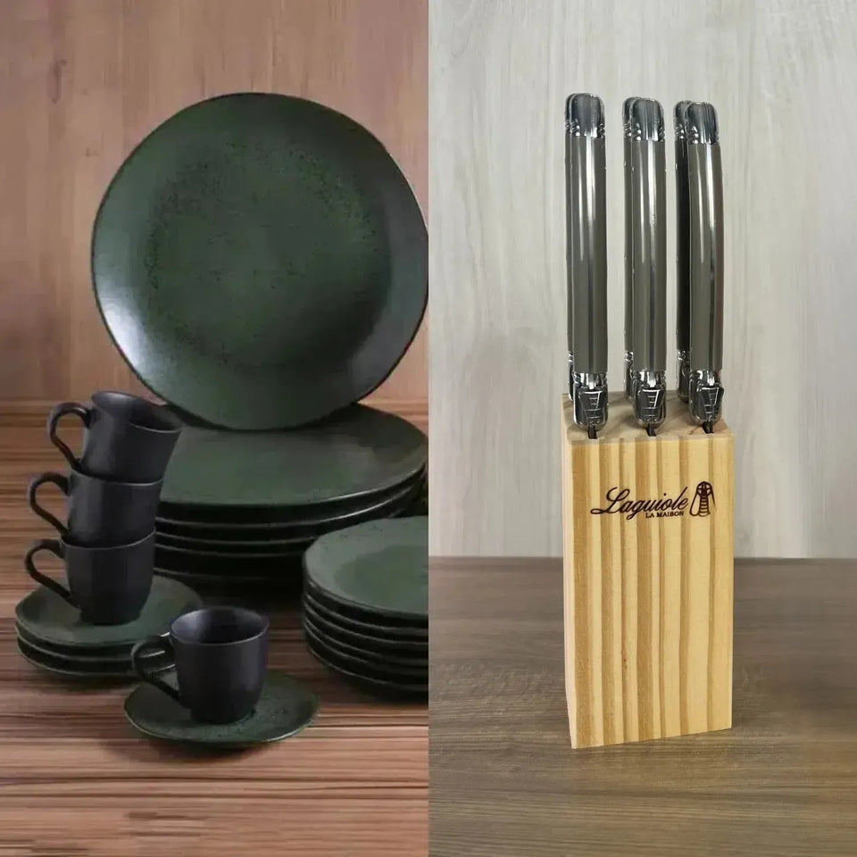 PRÉ-VENDA: Kit Aparelho de Jantar Stoneware Orgânico Arauco 30 Peças Porto Brasil + Faqueiro Laguiole La Maison Luxo Cinza 30 Peças