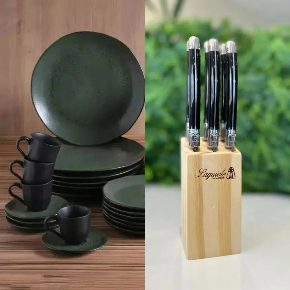 PRÉ-VENDA: Kit Aparelho de Jantar Stoneware Orgânico Arauco 30 Peças Porto Brasil + Faqueiro Laguiole La Maison Luxo Preto 30 Peças