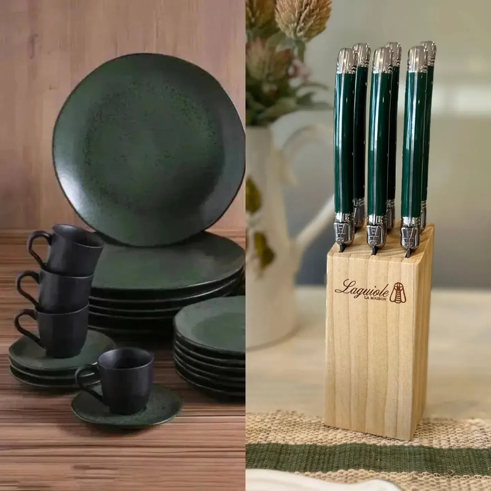 PRÉ-VENDA: Kit Aparelho de Jantar Stoneware Orgânico Arauco 30 Peças Porto Brasil + Faqueiro Laguiole La Maison Luxo Verde 30 Peças