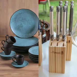 PRÉ-VENDA: Kit Aparelho de Jantar Stoneware Orgânico Petroleum 30 Peças Porto Brasil + Faqueiro Laguiole La Maison Luxo Marfim 30 Peças