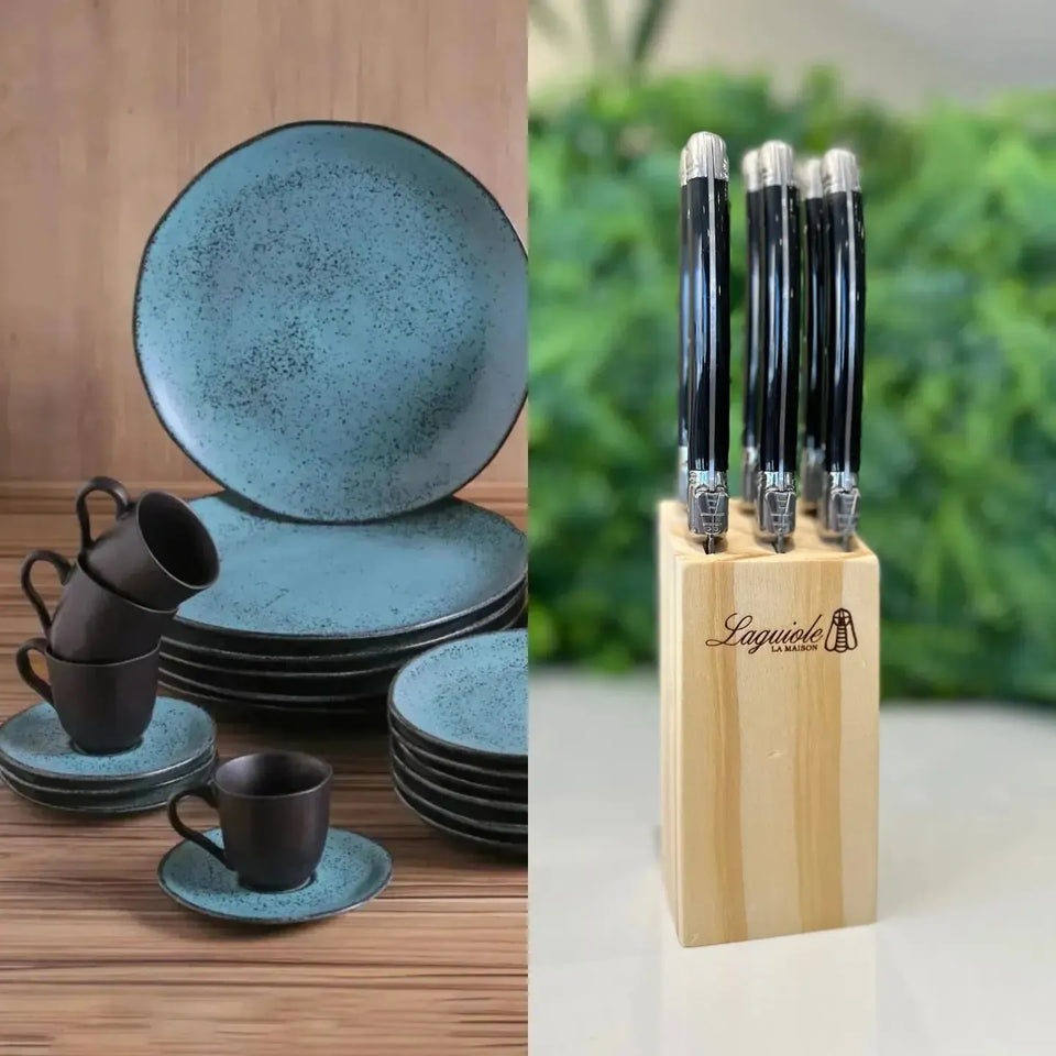 PRÉ-VENDA: Kit Aparelho de Jantar Stoneware Orgânico Petroleum 30 Peças Porto Brasil + Faqueiro Laguiole La Maison Luxo Preto 30 Peças