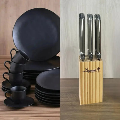 PRÉ-VENDA: Kit Aparelho de Jantar Stoneware Orgânico Preto Matte 30 Peças Porto Brasil + Faqueiro Laguiole La Maison Luxo Cinza 30 Peças