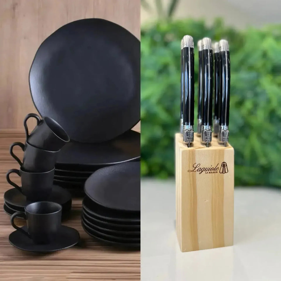 PRÉ-VENDA: Kit Aparelho de Jantar Stoneware Orgânico Preto Matte 30 Peças Porto Brasil + Faqueiro Laguiole La Maison Luxo Preto 30 Peças