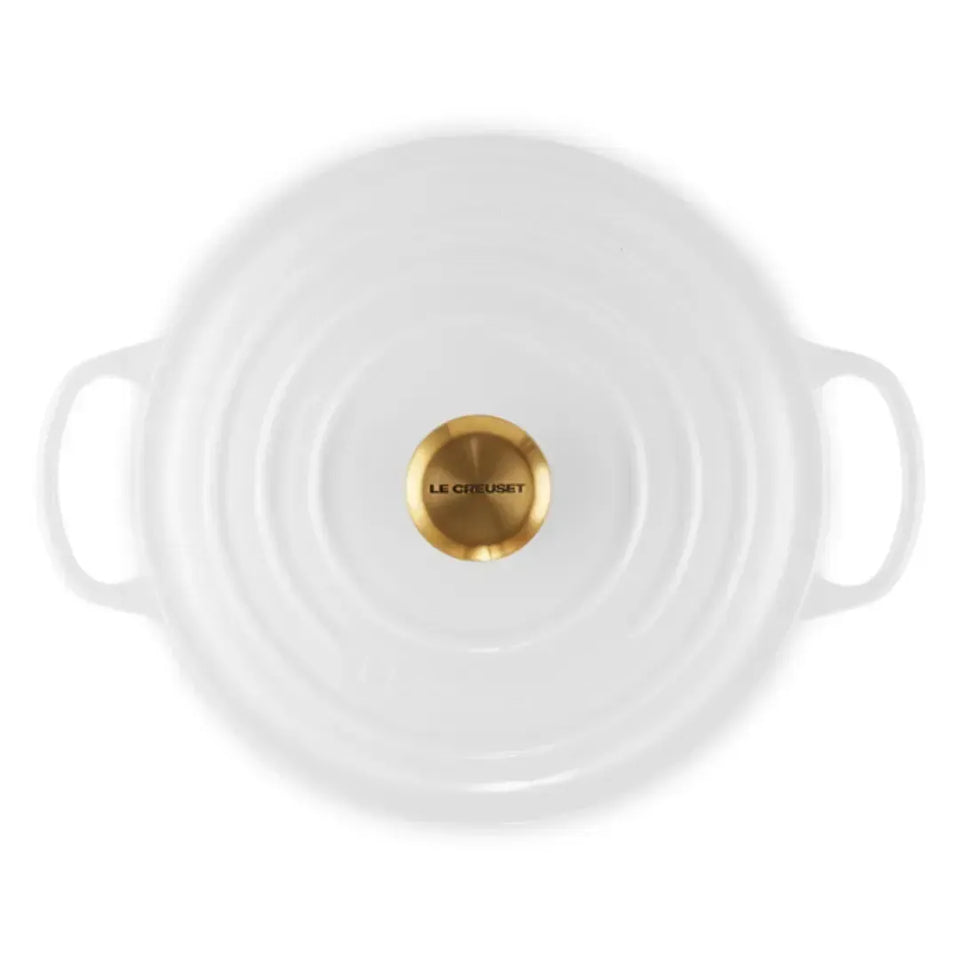 PRÉ-VENDA: Panela Le Creuset Redonda Signature Branca com Pegador Dourado 1,3L 16cm