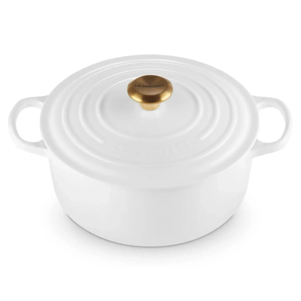PRÉ-VENDA: Panela Le Creuset Redonda Signature Branca com Pegador Dourado 3,3L 22cm