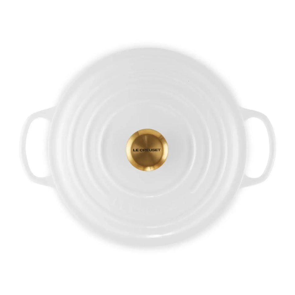 PRÉ-VENDA: Panela Le Creuset Redonda Signature Branca com Pegador Dourado 3,3L 22cm