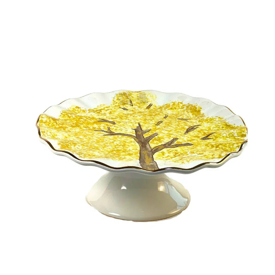 PRÉ-VENDA: Porta Petit Four com Pé Cerâmica Ypê Amarelo com Filete de Ouro Scalla