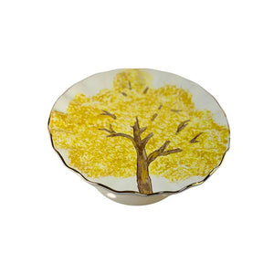 PRÉ-VENDA: Porta Petit Four com Pé Cerâmica Ypê Amarelo com Filete de Ouro Scalla