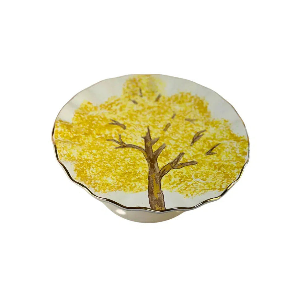 PRÉ-VENDA: Porta Petit Four com Pé Cerâmica Ypê Amarelo com Filete de Ouro Scalla