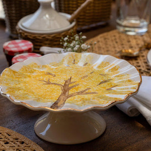 PRÉ-VENDA: Porta Petit Four com Pé Cerâmica Ypê Amarelo com Filete de Ouro Scalla