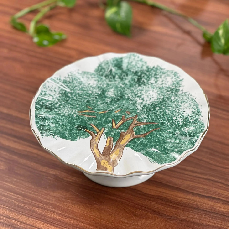 PRÉ-VENDA: Porta Petit Four com Pé Cerâmica Ypê Verde com Filete de Ouro Scalla