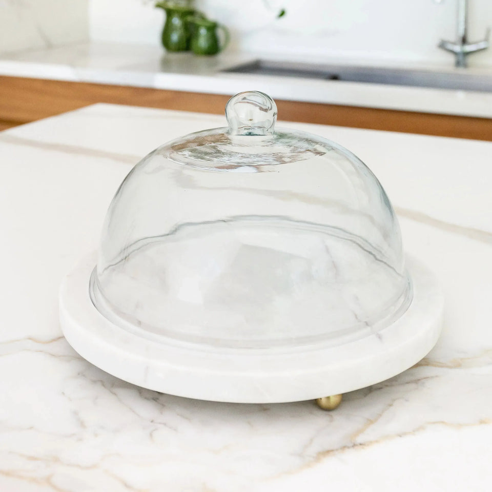 PRÉ-VENDA: Prato para Bolo Grande Mármore 30x18cm com Cúpula de Vidro