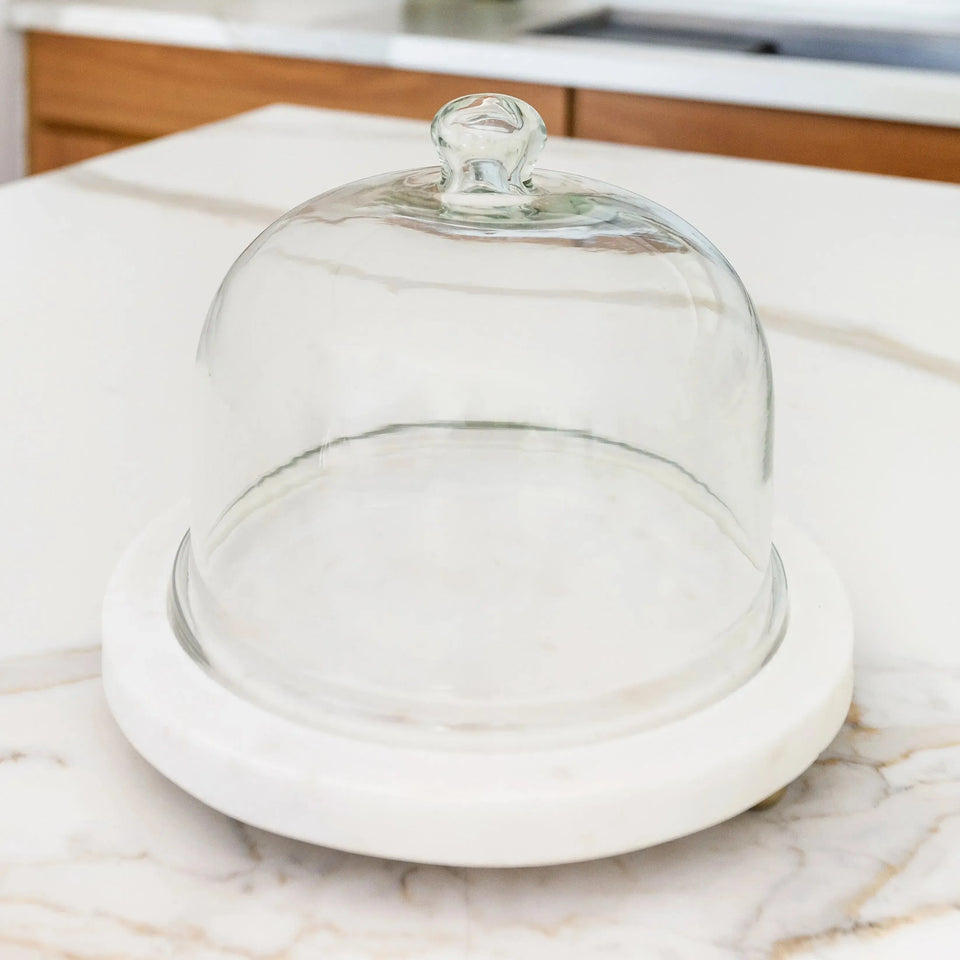 PRÉ-VENDA: Prato para Bolo Médio Mármore 25x15cm com Cúpula de Vidro