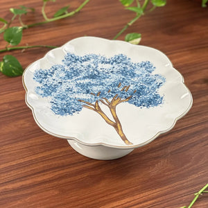 PRÉ-VENDA: Prato para Bolo com Pé Cerâmica Ypê Azul com Filete de Ouro Scalla