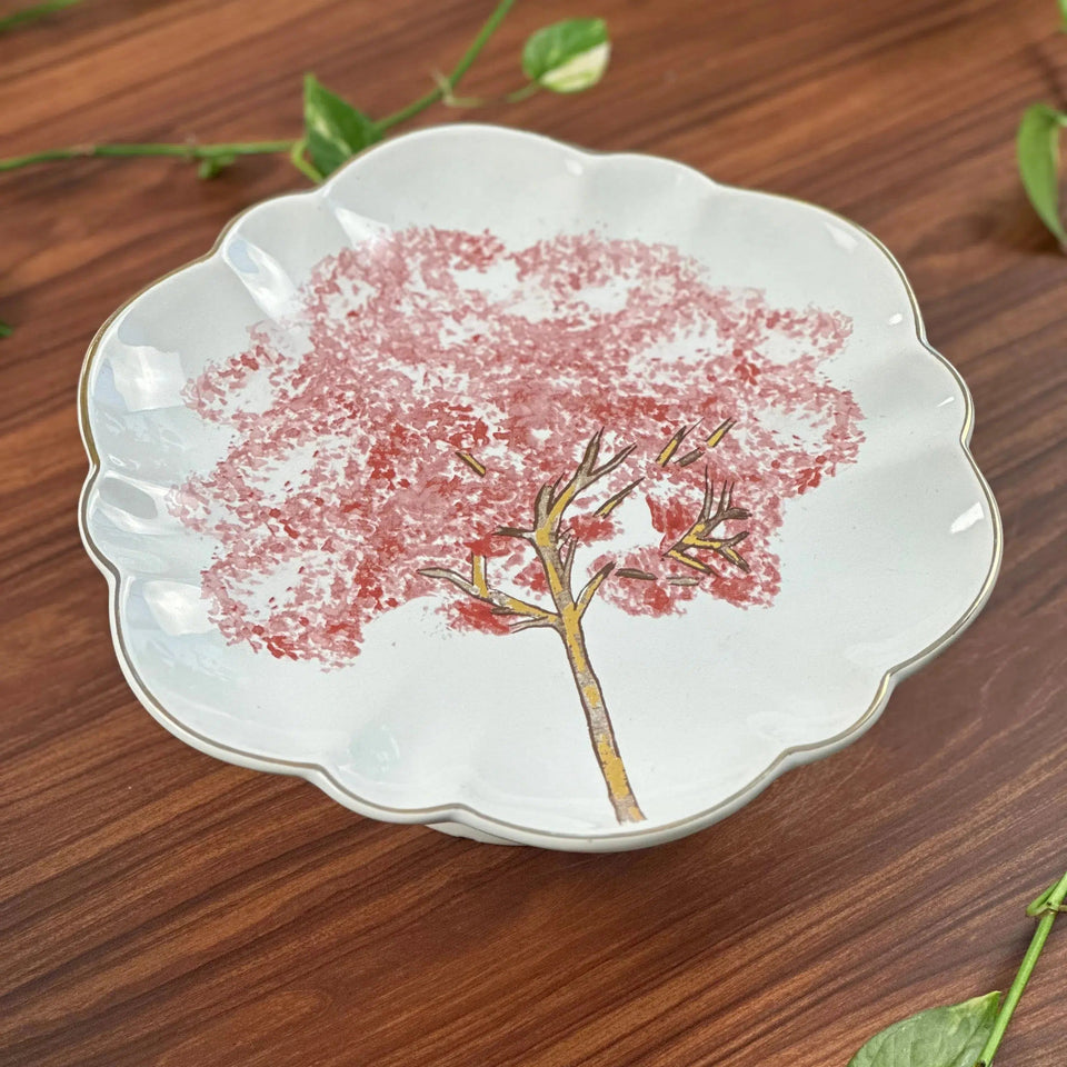 PRÉ-VENDA: Prato para Bolo com Pé Cerâmica Ypê Rosa com Filete de Ouro Scalla