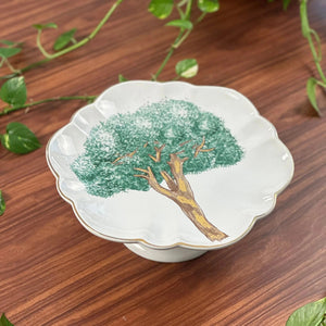 PRÉ-VENDA: Prato para Bolo com Pé Cerâmica Ypê Verde com Filete de Ouro Scalla