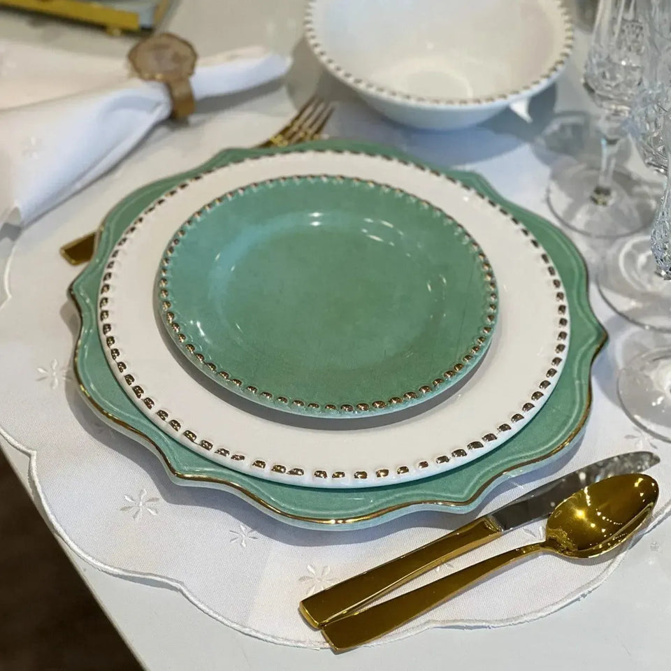 PRÉ-VENDA: Sousplat Cerâmica Brasilis Verde com Filete em Ouro 32cm Scalla