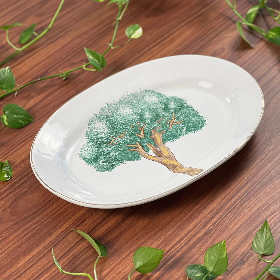 PRÉ-VENDA: Travessa Pequena Cerâmica com Filete Ouro Ypê Verde 33x24cm Scalla