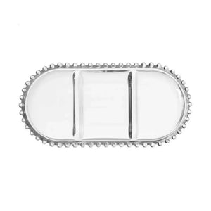 Petisqueira Oval Cristal Com 3 Divisões Pérola Bolinha 30x15x2cm