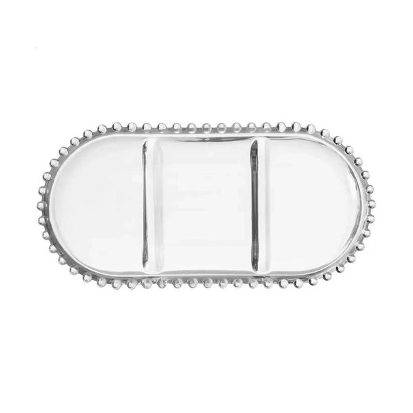 Petisqueira Oval Cristal Com 3 Divisões Pérola Bolinha 30x15x2cm