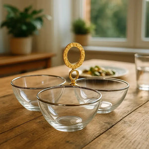 Porta Aperitivo Triplo Inox Nocc Venezia com Detalhes Ouro Riva