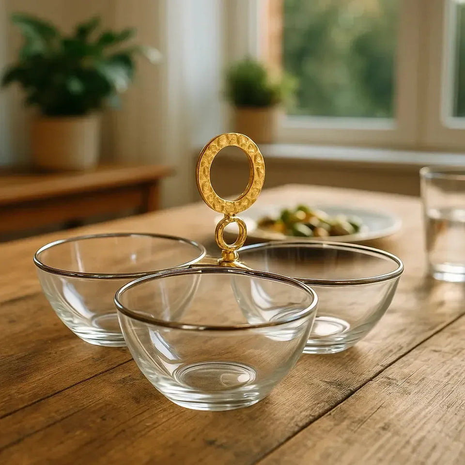 Porta Aperitivo Triplo Inox Nocc Venezia com Detalhes Ouro Riva