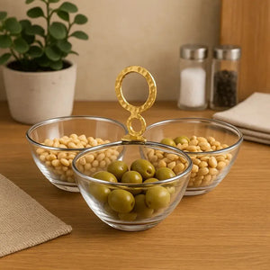 Porta Aperitivo Triplo Inox Nocc Venezia com Detalhes Ouro Riva