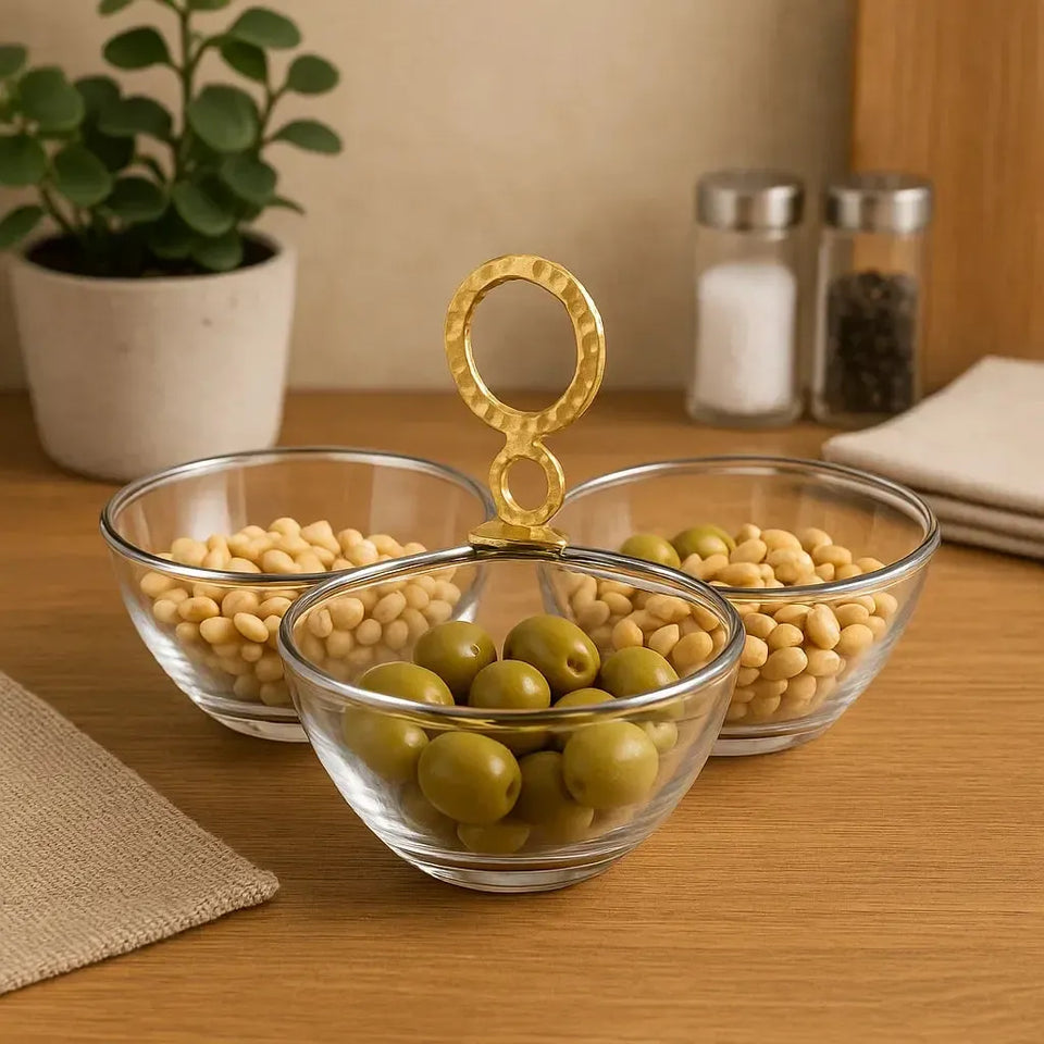 Porta Aperitivo Triplo Inox Nocc Venezia com Detalhes Ouro Riva