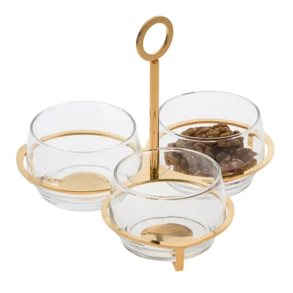 Porta Aperitivo Triplo Inox Roma com Detalhes Ouro 24k Riva