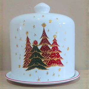 Porta Panetone Cerâmica Vermelho Filete Dourado Bosque Encantado Scalla