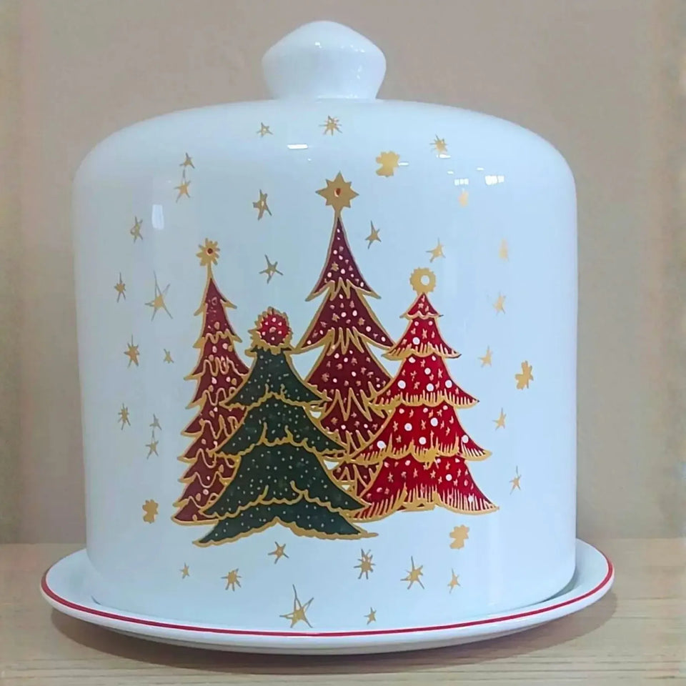 Porta Panetone Cerâmica Vermelho Filete Dourado Bosque Encantado Scalla