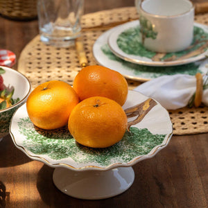 Porta Petit Four com Pé Cerâmica com Filete Ouro Ypê Verde Scalla