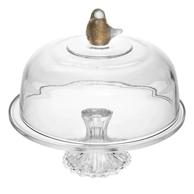 Prato Para Bolo Vidro Com Pé e Tampa Bird 30x29cm