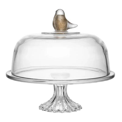 Prato Para Bolo Vidro Com Pé e Tampa Bird 30x29cm