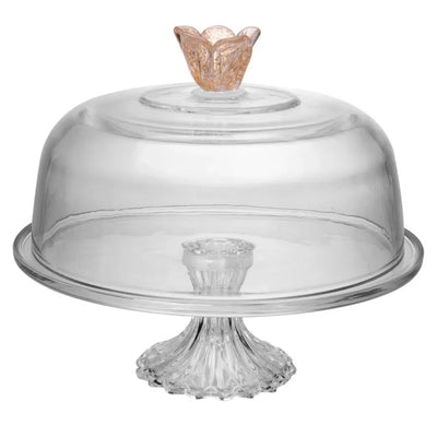 Prato Para Bolo Vidro Com Pé e Tampa Flower 30x29cm