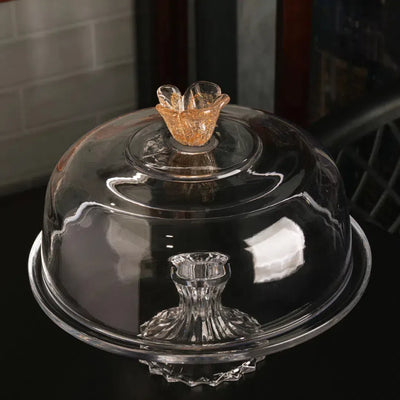 Prato Para Bolo Vidro Com Pé e Tampa Flower 30x29cm