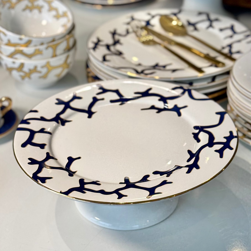 Prato para Bolo com Pé Cerâmica Coral Blue Scalla