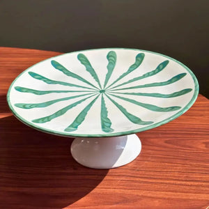 Prato para Bolo com Pé Cerâmica Piuma Verde Scalla